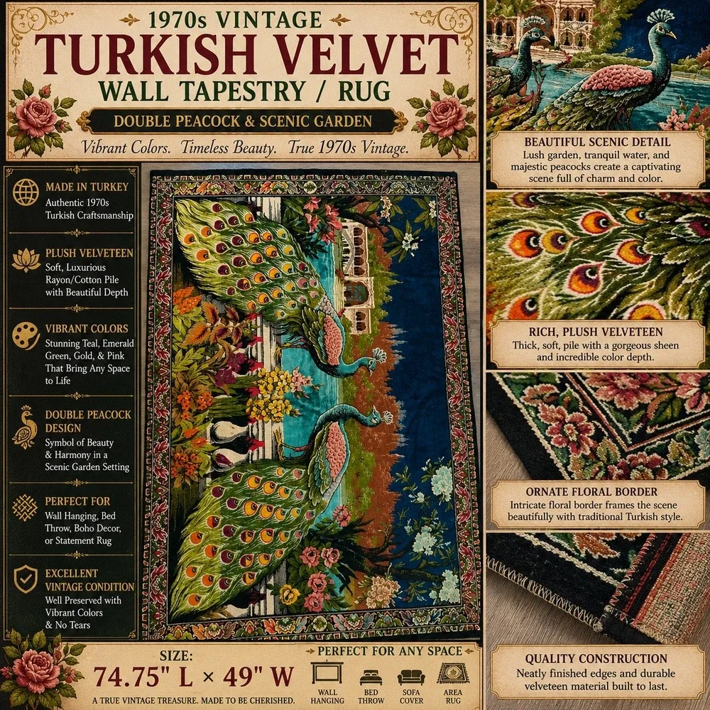 Vintage Turkish Velvet Peacock Tapestry Rug 1970s Wall Hanging 75x49 Boho Decor